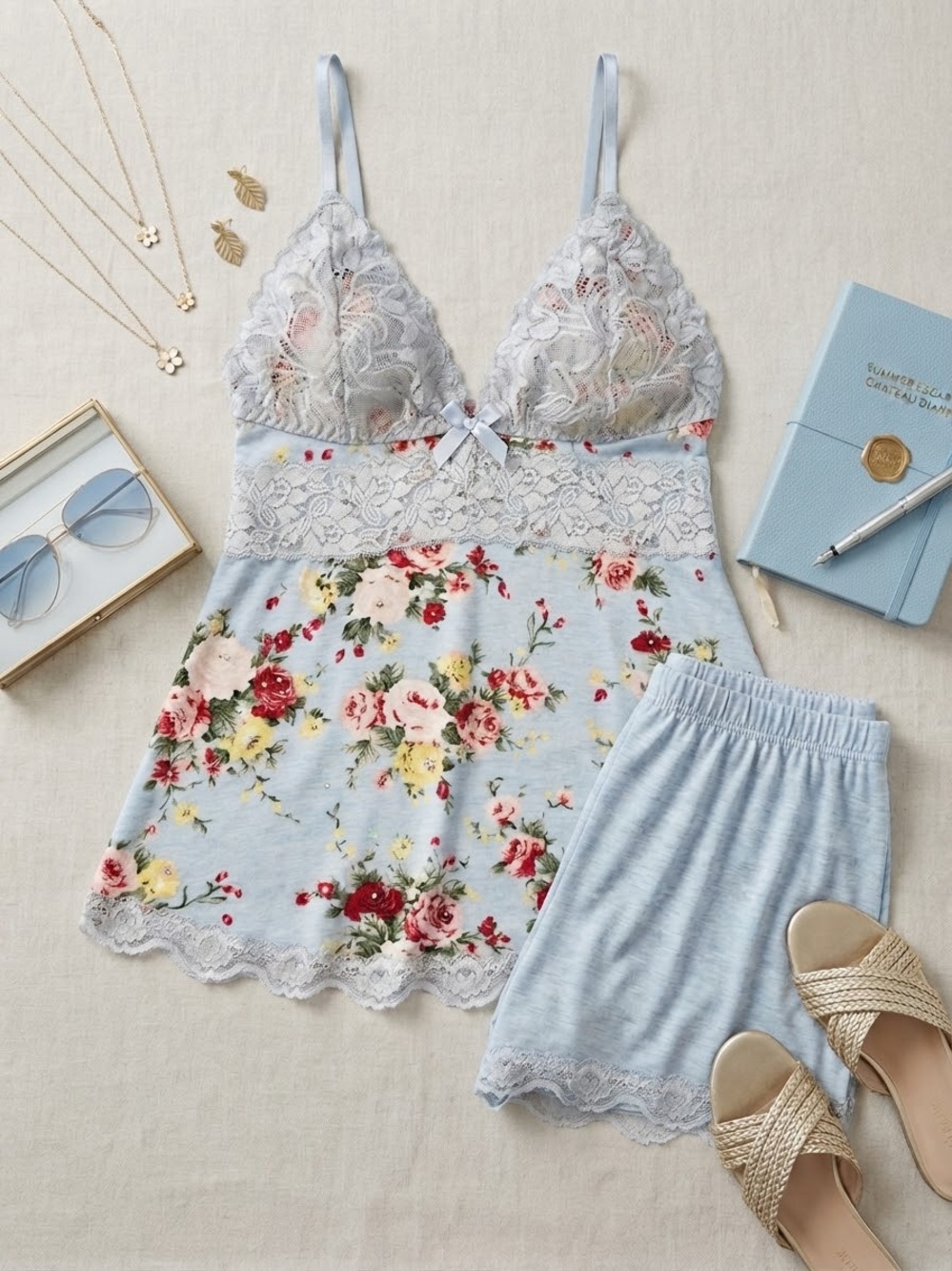 Light Blue Floral Lace-Trim Sleep Cami